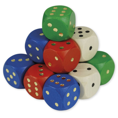 Motessori dice set made of wood, 16 x 16 mm, 12 pieces in case
