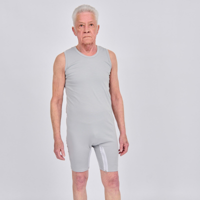 Grey Bodysuit - Short Legs - Sleeveless Singlet - Zipper Between the Legs